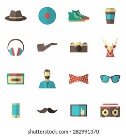Hipster accessories icon flat set with hat vinyl record coffee cup isolated vector illustration