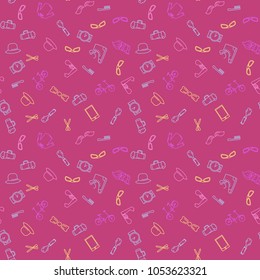 Hipster accessories seamless pattern in line art style with trendy clothing, gadgets, bicycle, icons collection, template for banner, flyer, print, vector illustration