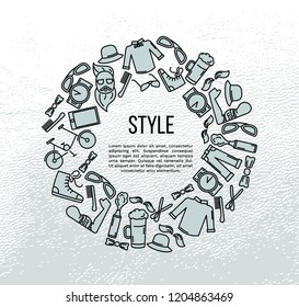 Hipster accessories set in line art style with trendy clothing, gadgets, bicycle, icons collection, template for banner, flyer, print, vector illustration