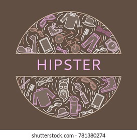 Hipster accessories set in line art style with trendy clothing, gadgets, bicycle, icons collection, template for banner, flyer, print, vector illustration
