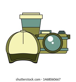 hipster accessories for the summer and cap coffee cup with camera isolated symbol Vector design illustration