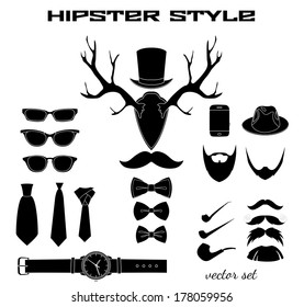 Hipster accessory pictograms collection of hat glasses mustache beard bow and tie vector illustration