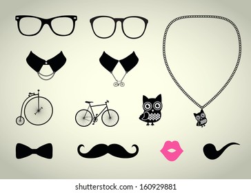Hipster Accessory Vector Set, Bicycle, Collar, Chain