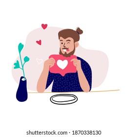 Hipster is active in social networks. Eat likes for breakfast. To be dependent on someone else's opinion. Feed on the love of followers. Man hipster. Vector flat illustration.