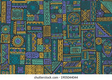 Hipster, vector africano, patrón sin fisuras. Diseño de diseño de la impresión textil de moda. Vegetación hecha a mano por la etnia africana o maya. Papel de garabato oriental. Textura de elementos rhombus de la línea Zigzag.