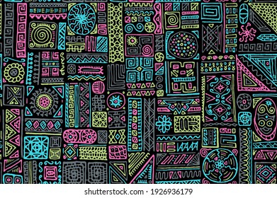 Hipster african vector seamless pattern. Cloth textile print design. African or american ethnic tribal hand drawn swatch. Creative doodle patchwork. Hipster style pattern design.