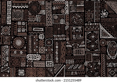 Hipster african vector seamless pattern. Apparel textile print design. African or polynesian ethnic tribal hand drawn swatch. Simple doodle patchwork. Summer dress print ornament.