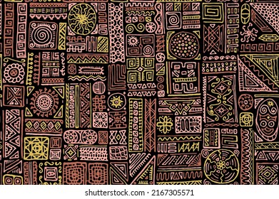 Hipster african vector seamless pattern. Cloth textile print design. African or polynesian ethnic tribal hand drawn swatch. Simple doodle patchwork. Mix shapes geometry collage.