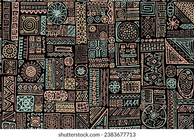 Hipster african vector seamless pattern. Dress fabric print design. African or aztec ethnic tribal hand drawn swatch. Modern doodle patchwork. Mix shapes geometry collage.