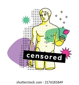Hipster ancient greek sculpture with censored sign. Stylized posteror tee print in a modern neon psychedelic style. Vector linear illustration