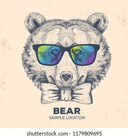 Hipster animal bear. Hand drawing Muzzle of bear