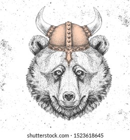 Hipster animal bear wearing a viking helmet. Hand drawing Muzzle of bear