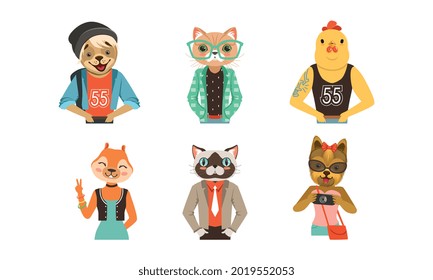Hipster Animal with Body Dressed in Human Clothing and Garment Vector Set