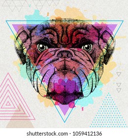 Hipster animal bulldog on artistic polygon watercolor background