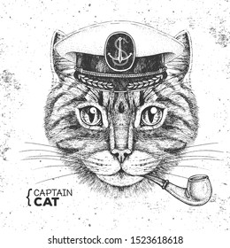 Hipster animal cat captain's cap and smoking pipe. Hand drawing Muzzle of cat