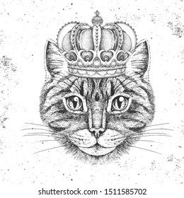 Hipster animal cat in crown. Hand drawing Muzzle of animal cat