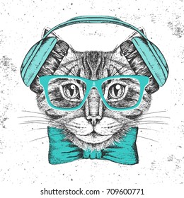 Hipster animal cat. Hand drawing Muzzle of animal cat
