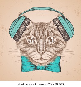 Hipster animal cat. Hand drawing Muzzle of animal cat