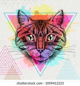 Hipster animal cat on artistic polygon watercolor background 