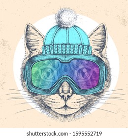 Hipster animal cat in winter hat and snowboard goggles. Hand drawing Muzzle of cat