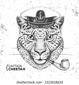 Hipster animal cheetah captain's cap and smoking pipe. Hand drawing Muzzle of cheetah