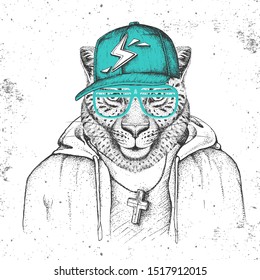 Hipster animal cheetah dressed in cap like rapper. Hand drawing Muzzle of cheetah