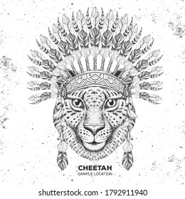 Hipster animal cheetah with indian feather headdress. Hand drawing Muzzle of animal cheetah
