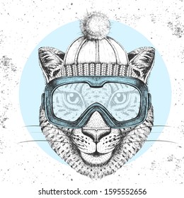 Hipster animal cheetah in winter hat and snowboard goggles. Hand drawing Muzzle of cheetah