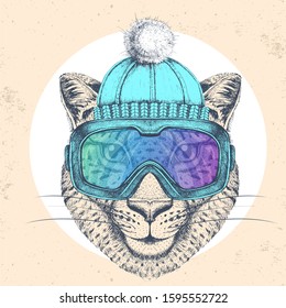 Hipster animal cheetah in winter hat and snowboard goggles. Hand drawing Muzzle of cheetah