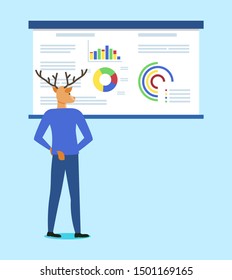 Hipster animal, deer brainstorming looking at whiteboard with info presented in visual form, businessman wearing suit deep in his thoughts. Vector illustration in flat cartoon style