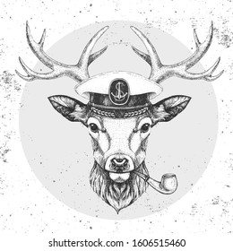 Hipster animal deer in captain's cap and smoking pipe. Hand drawing Muzzle of deer