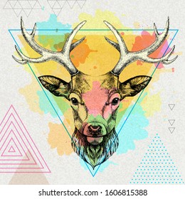 Hipster animal deer on artistic polygon watercolor background