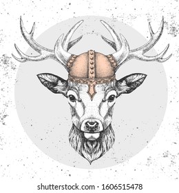 Hipster animal deer wearing a viking helmet. Hand drawing Muzzle of deer
