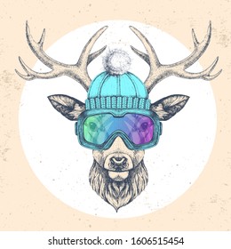 Hipster animal deer in winter hat and snowboard goggles. Hand drawing Muzzle of deer