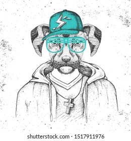 Hipster animal dog dressed in cap like rapper. Hand drawing Muzzle of dog