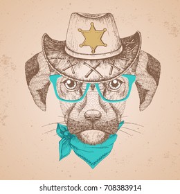 Hipster animal dog. Hand drawing Muzzle of dog