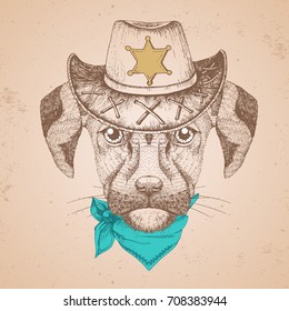 Hipster animal dog. Hand drawing Muzzle of dog