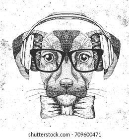 Hipster animal dog. Hand drawing Muzzle of dog