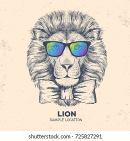 Hipster animal dog. Hand drawing Muzzle of lion