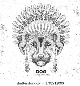 Hipster animal dog with indian feather headdress. Hand drawing Muzzle of animal dog