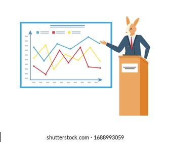 Hípster de burro animal haciendo una presentación apuntando a gráficos y gráficos. Empresario con cara animal que presenta datos estadísticos a bordo, informe financiero