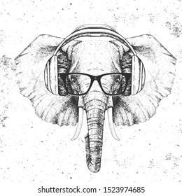 Hipster animal elephant with headphones. Hand drawing Muzzle of animal elephant