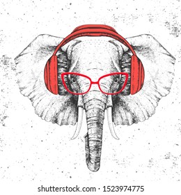 Hipster animal elephant with headphones. Hand drawing Muzzle of animal elephant