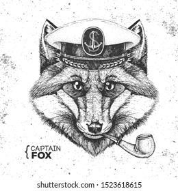 Hipster animal fox captain's cap and smoking pipe. Hand drawing Muzzle of fox