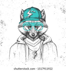 Hipster animal fox dressed in cap like rapper. Hand drawing Muzzle of fox