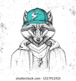 Hipster animal fox dressed in cap like rapper. Hand drawing Muzzle of fox