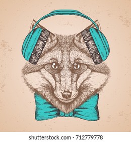 Hipster animal fox. Hand drawing Muzzle of animal  fox