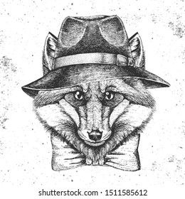 Hipster animal fox in hat. Hand drawing Muzzle of animal  fox