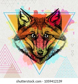 Hipster animal fox on artistic polygon watercolor background 