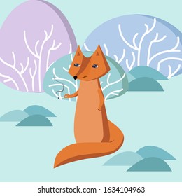 Hipster animal fox smoking a cigarette on cute mint background with pastel blue, purple, green trees